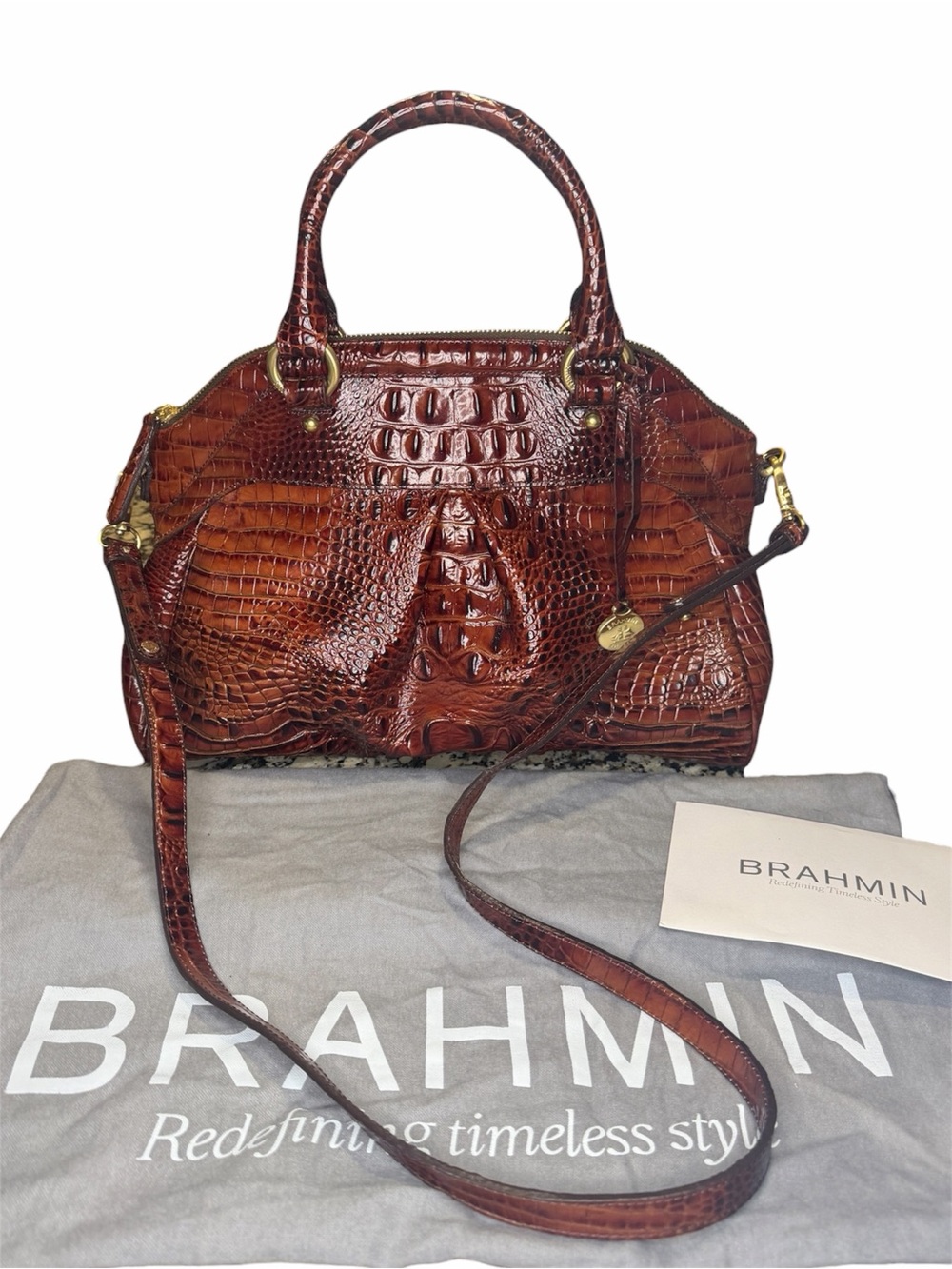 Brahmin Croc-Embossed Leather Louise Rose Satchel in Pecan - NWOT